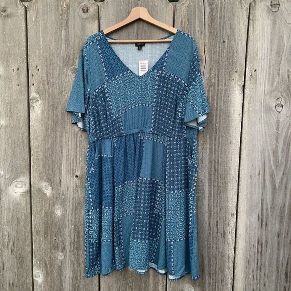 TORRID Dress 2XL Blue Mini Challis Elastic Waist V-Neck Pockets Boho - Picture 2 of 13